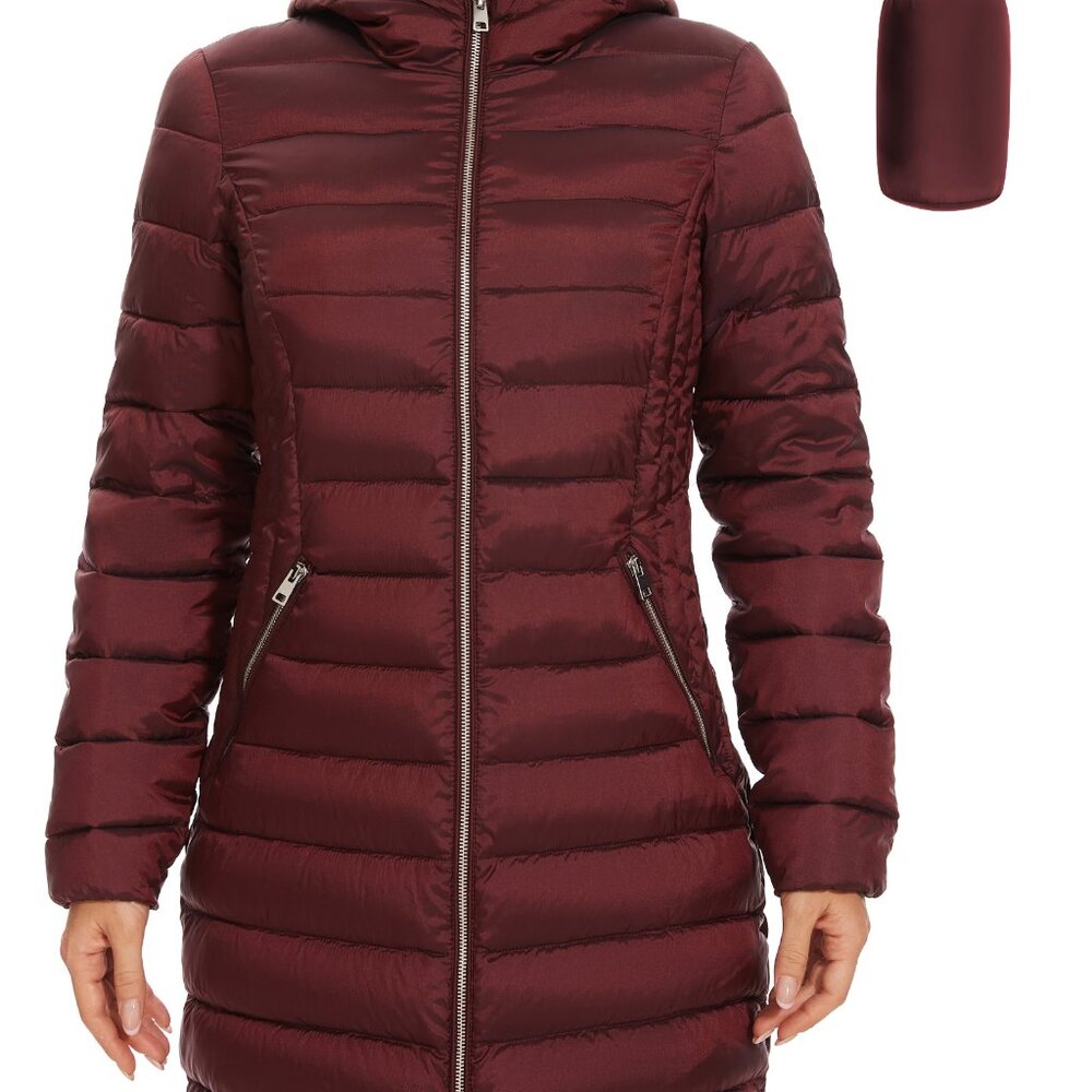 Long Puffer Coat Winter Warm Puffer Jacket with Metal Zipper (Wine Red, M)